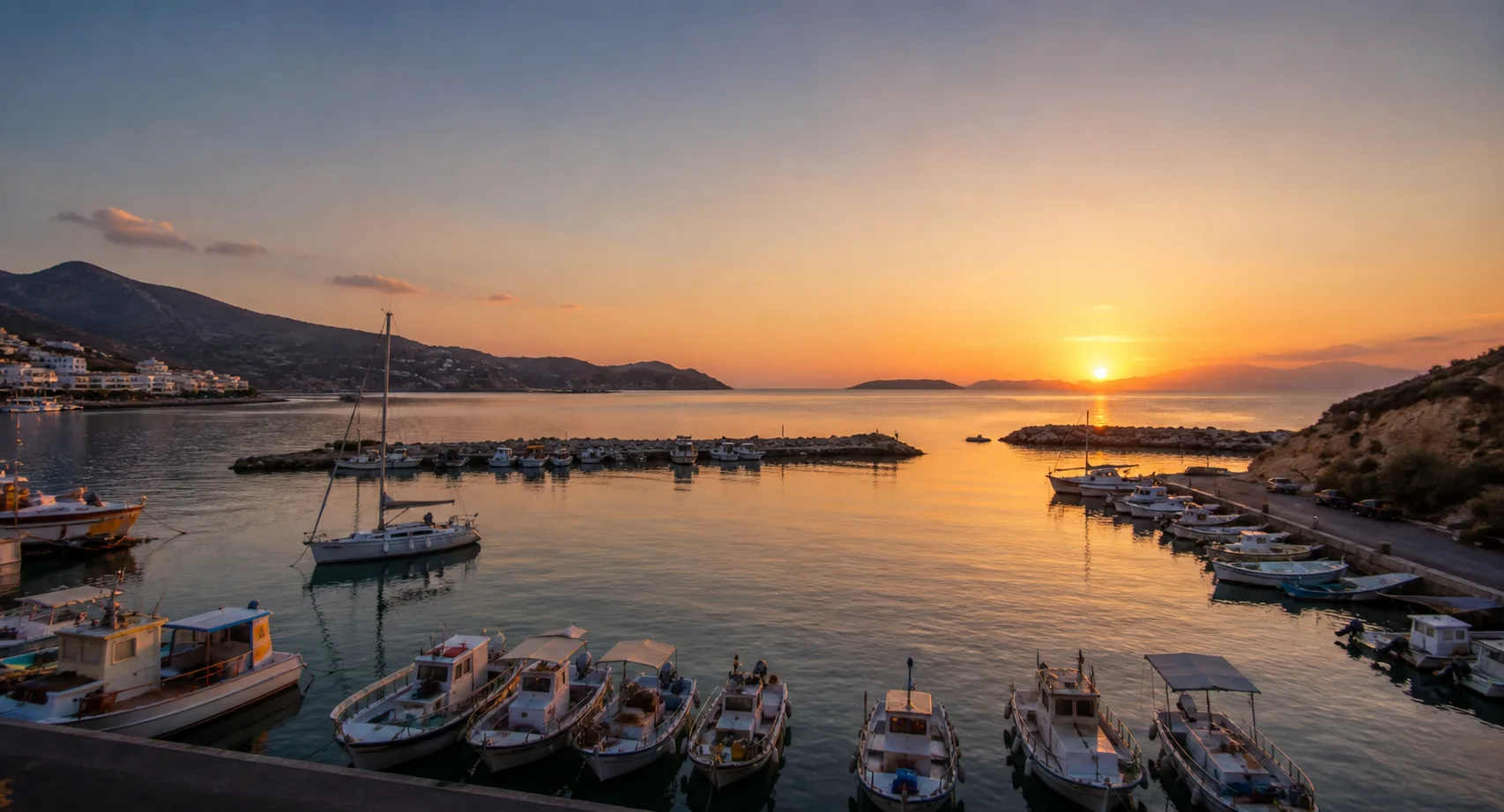 Pigadia harbor sunset view from AL MARE organic restaurant Karpathos
