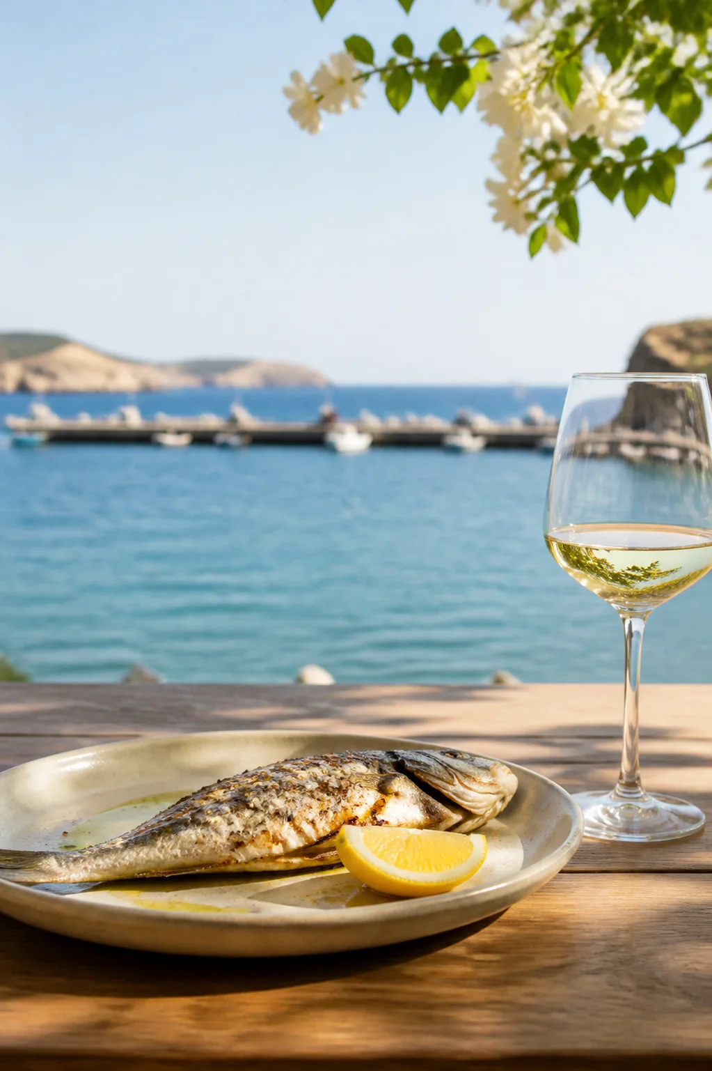 AL MARE veranda table setting overlooking Pigadia harbor Karpathos